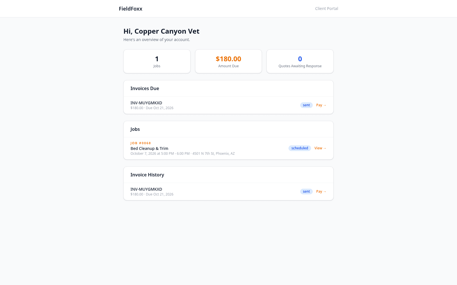 FieldFoxx customer portal for plumbing clients