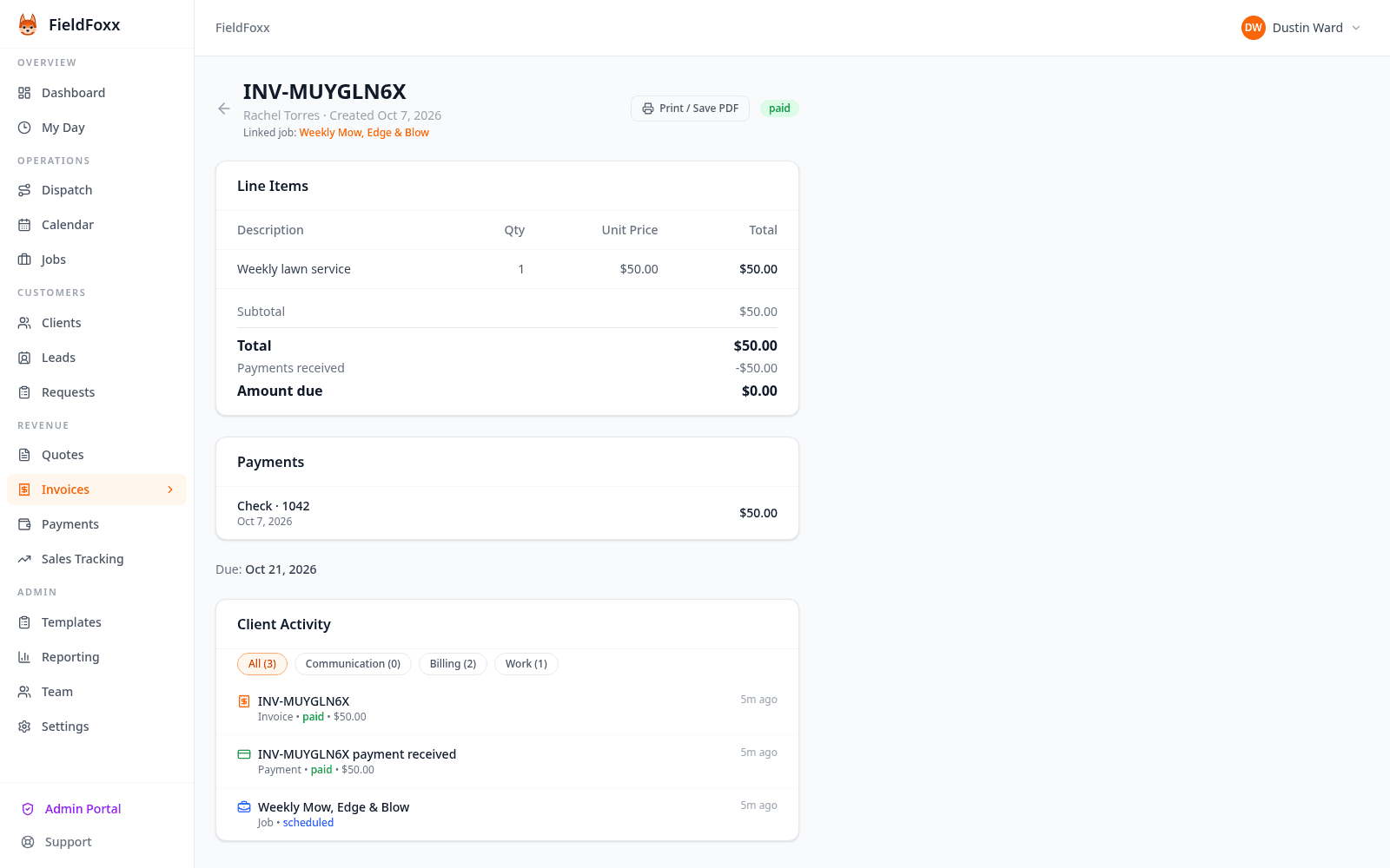 FieldFoxx invoice and payments for plumbing work