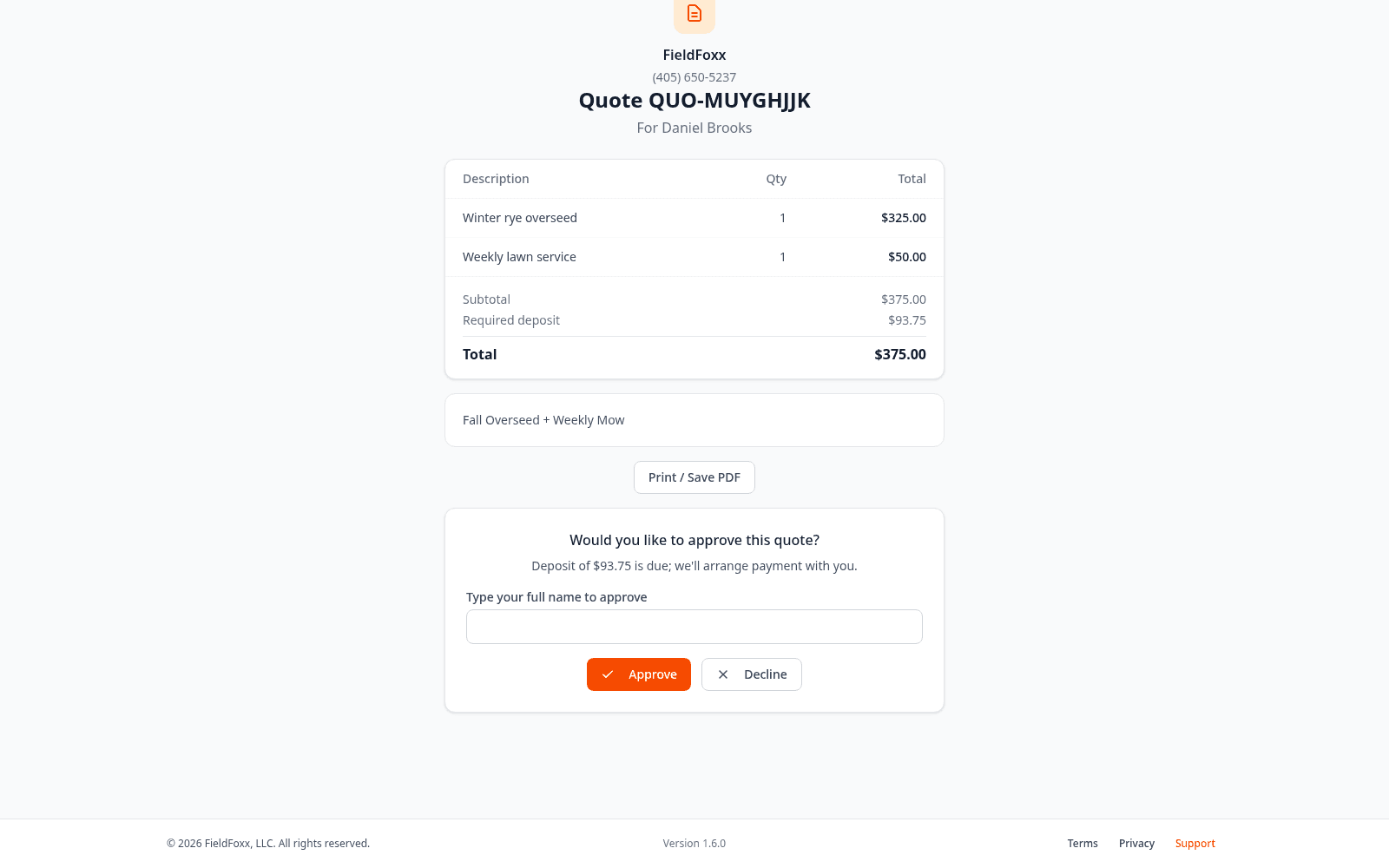 FieldFoxx plumbing estimate with optional add-ons and deposit